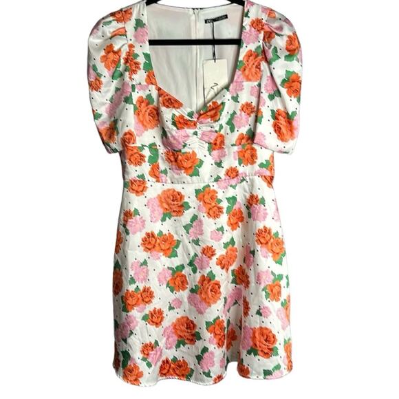 Zara Pink and Orange Floral Puff Sleeve Dress Sweetheart Neckline Size Large - Picture 1 of 8